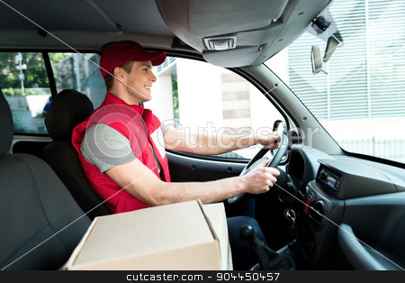 To use this stock image in your creative project, please select the size you need over to the right and click the "Add to Cart" button.
Your downloaded image will come with the Cutcaster watermark removed so don’t worry about the watermark you see on this page. Courier Delivering Package By Van stock photo, Colorful picture of courier delivers package. Man is riding in the car. by Dmytro Sidelnikov
