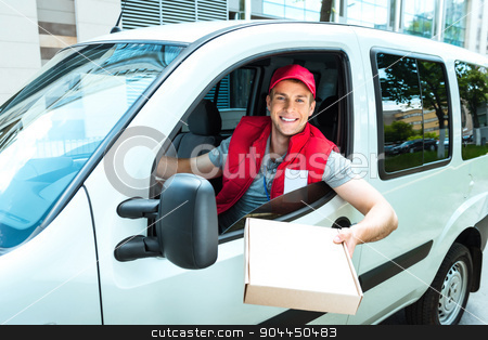 To use this stock image in your creative project, please select the size you need over to the right and click the "Add to Cart" button.
Your downloaded image will come with the Cutcaster watermark removed so don’t worry about the watermark you see on this page. Courier Delivering Package By Van stock photo, Colorful picture of courier delivers package. Man is riding in the car, holding the box and smiling. by Dmytro Sidelnikov