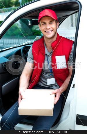 To use this stock image in your creative project, please select the size you need over to the right and click the "Add to Cart" button.
Your downloaded image will come with the Cutcaster watermark removed so don’t worry about the watermark you see on this page. Courier Delivering Package By Van stock photo, Colorful picture of courier delivers package. Man is sitting in the car, holding the box and smiling. by Dmytro Sidelnikov