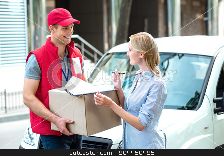 To use this stock image in your creative project, please select the size you need over to the right and click the "Add to Cart" button.
Your downloaded image will come with the Cutcaster watermark removed so don’t worry about the watermark you see on this page. Concept of courier delivers package for woman stock photo, Colorful picture of courier delivers package for woman. Courier is giving the woman a box. Woman is signing the dokument and smiling. by Dmytro Sidelnikov