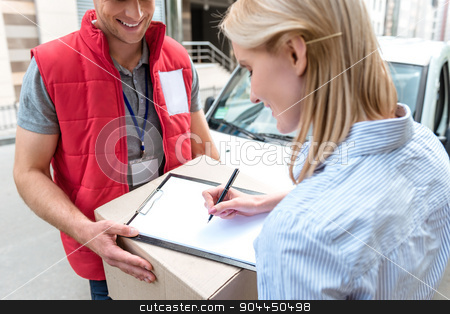 To use this stock image in your creative project, please select the size you need over to the right and click the "Add to Cart" button.
Your downloaded image will come with the Cutcaster watermark removed so don’t worry about the watermark you see on this page. Concept of courier delivers package for woman stock photo, Colorful picture of courier delivers package for woman. Courier is giving the woman a box. Woman is signing the dokument and smiling. by Dmytro Sidelnikov