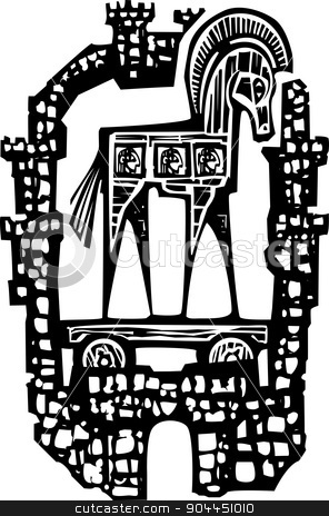 To use this stock image in your creative project, please select the size you need over to the right and click the "Add to Cart" button.
Your downloaded image will come with the Cutcaster watermark removed so don’t worry about the watermark you see on this page. Trojan Horse in Walls stock vector clipart, Woodcut style expressionist image of the Greek Trojan Horse inside the walls of the city of Troy. by Jeffrey Thompson