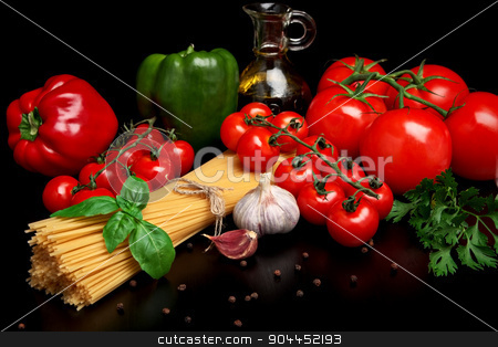 To use this stock image in your creative project, please select the size you need over to the right and click the "Add to Cart" button.
Your downloaded image will come with the Cutcaster watermark removed so don’t worry about the watermark you see on this page. Pasta raw isolated on black with tomatoes,olive oil,garlic verti stock photo, Long group of raw pasta tied with string isolated on black board with basil,tomatoes and carafe full of olive oil upright by Tadeusz Wejkszo
