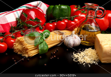 To use this stock image in your creative project, please select the size you need over to the right and click the "Add to Cart" button.
Your downloaded image will come with the Cutcaster watermark removed so don’t worry about the watermark you see on this page. Pasta raw isolated on black with tomatoes,olive oil,garlic verti stock photo, Long group of raw pasta tied with string isolated on black board with basil,tomatoes and carafe full of olive oil upright by Tadeusz Wejkszo