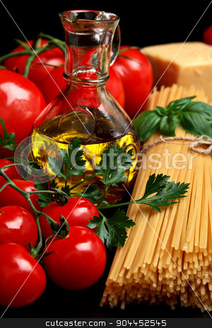 To use this stock image in your creative project, please select the size you need over to the right and click the "Add to Cart" button.
Your downloaded image will come with the Cutcaster watermark removed so don’t worry about the watermark you see on this page. Pasta raw isolated on black with tomatoes,olive oil,garlic verti stock photo, Long group of raw pasta tied with string isolated on black board with basil,tomatoes and carafe full of olive oil upright and cheese by Tadeusz Wejkszo