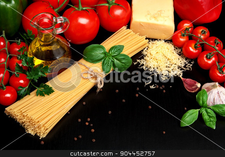 To use this stock image in your creative project, please select the size you need over to the right and click the "Add to Cart" button.
Your downloaded image will come with the Cutcaster watermark removed so don’t worry about the watermark you see on this page. Pasta raw isolated on black with tomatoes,olive oil,garlic stock photo, Long group of raw pasta tied with string isolated on black board with basil,tomatoes and carafe full of olive oil upright from above view by Tadeusz Wejkszo