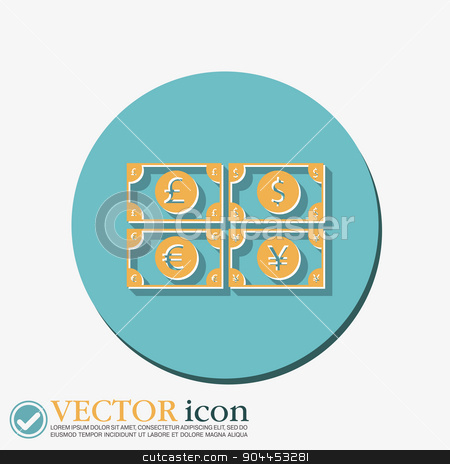 To use this stock image in your creative project, please select the size you need over to the right and click the "Add to Cart" button.
Your downloaded image will come with the Cutcaster watermark removed so don’t worry about the watermark you see on this page. money bill. symbol icon dollar, pound sterling, Japanese yen , euro stock vector clipart, money bill sign. symbol icon dollar, pound sterling, Japanese yen , euro by LittleCuckoo