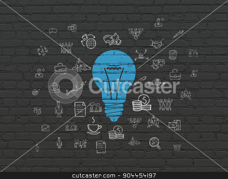 To use this stock image in your creative project, please select the size you need over to the right and click the "Add to Cart" button.
Your downloaded image will come with the Cutcaster watermark removed so don’t worry about the watermark you see on this page. Finance concept: Light Bulb on wall background stock photo, Finance concept: Painted blue Light Bulb icon on Black Brick wall background with Hand Drawn Business Icons by mkabakov