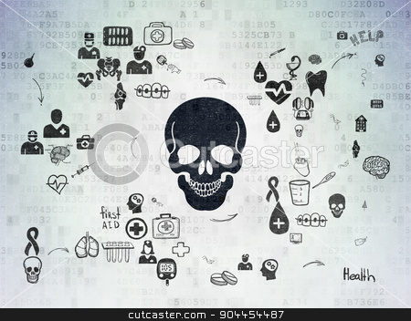 To use this stock image in your creative project, please select the size you need over to the right and click the "Add to Cart" button.
Your downloaded image will come with the Cutcaster watermark removed so don’t worry about the watermark you see on this page. Healthcare concept: Scull on Digital Paper background stock photo, Healthcare concept: Painted black Scull icon on Digital Paper background with Scheme Of Hand Drawn Medicine Icons by mkabakov
