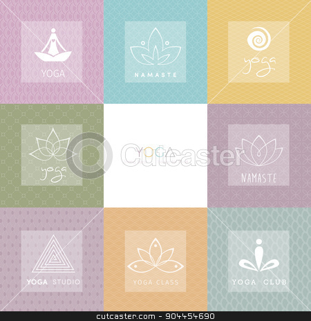 To use this stock image in your creative project, please select the size you need over to the right and click the "Add to Cart" button.
Your downloaded image will come with the Cutcaster watermark removed so don’t worry about the watermark you see on this page. Set of logos and patterns for a yoga studio stock vector clipart, Vector illustration of Set of logos and patterns for a yoga studio by SonneOn