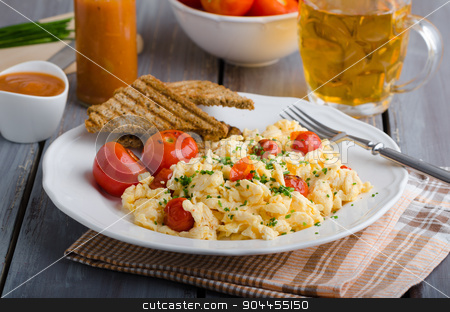 To use this stock image in your creative project, please select the size you need over to the right and click the "Add to Cart" button.
Your downloaded image will come with the Cutcaster watermark removed so don’t worry about the watermark you see on this page. Scrambled eggs with baked tomatoes and chives, panini Scrambled eggs with baked tomatoes stock photo, Scrambled eggs with baked tomatoes and chives, panini toast by Peteer