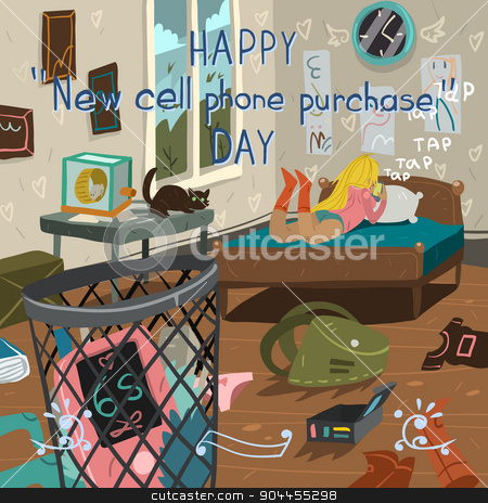 To use this stock image in your creative project, please select the size you need over to the right and click the "Add to Cart" button.
Your downloaded image will come with the Cutcaster watermark removed so don’t worry about the watermark you see on this page. Happy new cell phone purchase day. stock vector clipart, Funny cartoon greeting card. For ui, web games, tablets, wallpapers, and patterns. by lemon5ky