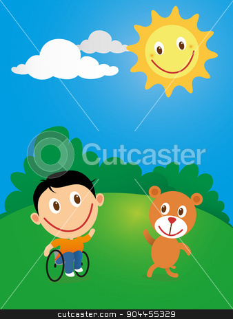 To use this stock image in your creative project, please select the size you need over to the right and click the "Add to Cart" button.
Your downloaded image will come with the Cutcaster watermark removed so don’t worry about the watermark you see on this page. Happy child in wheelchair stock vector clipart, Handicapped happy child in wheelchair playing with friend bear in a sunny day. by Photojope