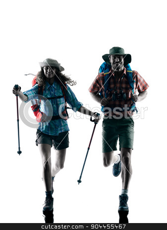 To use this stock image in your creative project, please select the size you need over to the right and click the "Add to Cart" button.
Your downloaded image will come with the Cutcaster watermark removed so don’t worry about the watermark you see on this page. couple trekker trekking running happy silhouette stock photo, one caucasian couple trekker trekking running happy in silhouette isolated on white background by Ishadow