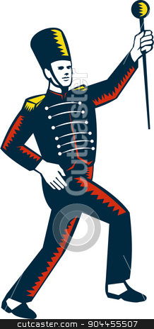 To use this stock image in your creative project, please select the size you need over to the right and click the "Add to Cart" button.
Your downloaded image will come with the Cutcaster watermark removed so don’t worry about the watermark you see on this page. Drum Major Marching Band Leader Woodcut stock vector clipart, Illustration of a drum major marching band leader holding baton raising viewed from the side set on isolated white background done in retro woodcut style. by patrimonio