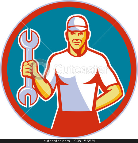 To use this stock image in your creative project, please select the size you need over to the right and click the "Add to Cart" button.
Your downloaded image will come with the Cutcaster watermark removed so don’t worry about the watermark you see on this page. Mechanic Holding Wrench Circle Retro stock vector clipart, Illustration of a mechanic wearing hat holding wrench facing front set inside circle on isolated background done in retro style. by patrimonio