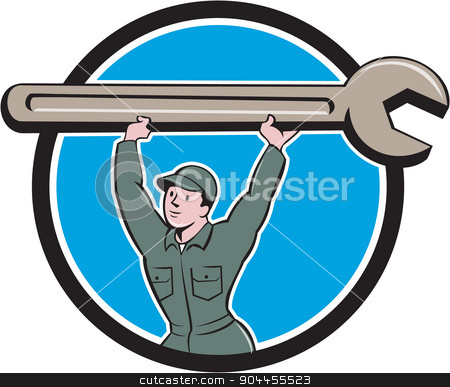 To use this stock image in your creative project, please select the size you need over to the right and click the "Add to Cart" button.
Your downloaded image will come with the Cutcaster watermark removed so don’t worry about the watermark you see on this page. Mechanic Lifting Spanner Wrench Circle Cartoon stock vector clipart, Illustration of a mechanic wearing hat and overalls looking to the side lifting giant spanner wrench over head viewed from front set inside circle on isolated background done in cartoon style. by patrimonio