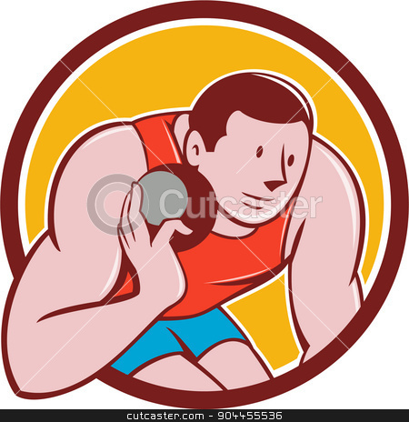 To use this stock image in your creative project, please select the size you need over to the right and click the "Add to Cart" button.
Your downloaded image will come with the Cutcaster watermark removed so don’t worry about the watermark you see on this page. Shot Put Track and Field Athlete Circle Cartoon stock vector clipart, Illustration of a track and field shot put athlete ready to throw ball viewed from front set inside circle on isolated background done in cartoon style. by patrimonio