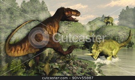 To use this stock image in your creative project, please select the size you need over to the right and click the "Add to Cart" button.
Your downloaded image will come with the Cutcaster watermark removed so don’t worry about the watermark you see on this page. Tyrannosaurus rex fighting against styracosaurus dinosaur - 3D render stock photo, Tyrannosaurus rex fighting against styracosaurus dinosaur next to epicea and nipa vegetation by day - 3D render by Elenarts