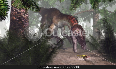 To use this stock image in your creative project, please select the size you need over to the right and click the "Add to Cart" button.
Your downloaded image will come with the Cutcaster watermark removed so don’t worry about the watermark you see on this page. Utahraptor dinosaur hunting a gecko - 3D render stock photo, Utahraptor dinosaur hunting a gecko in a williamsonia forest with onychiopsis plants - 3D render by Elenarts