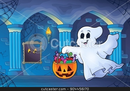 To use this stock image in your creative project, please select the size you need over to the right and click the "Add to Cart" button.
Your downloaded image will come with the Cutcaster watermark removed so don’t worry about the watermark you see on this page. Halloween ghost in haunted castle stock vector clipart, Halloween ghost in haunted castle - eps10 vector illustration. by Klara Viskova