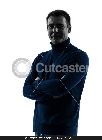 To use this stock image in your creative project, please select the size you need over to the right and click the "Add to Cart" button.
Your downloaded image will come with the Cutcaster watermark removed so don’t worry about the watermark you see on this page. man smiling friendly silhouette portrait stock photo, one man smiling friendly portrait in silhouette studio isolated on white background by Ishadow