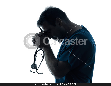 To use this stock image in your creative project, please select the size you need over to the right and click the "Add to Cart" button.
Your downloaded image will come with the Cutcaster watermark removed so don’t worry about the watermark you see on this page. doctor man praying silhouette portrait stock photo, one man doctor surgeon medical worker praying silhouette isolated on white background by Ishadow