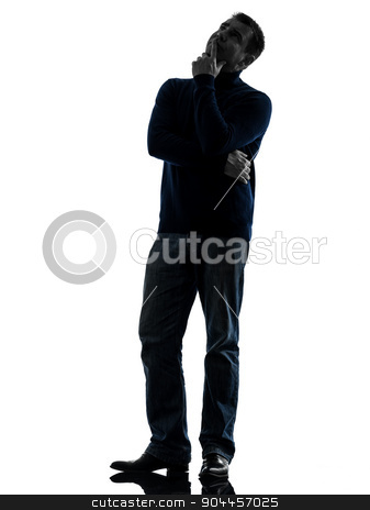 To use this stock image in your creative project, please select the size you need over to the right and click the "Add to Cart" button.
Your downloaded image will come with the Cutcaster watermark removed so don’t worry about the watermark you see on this page. man doubtful thinking silhouette full length stock photo, one man doubtful thinking full length in silhouette studio isolated on white background by Ishadow