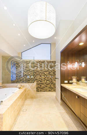 To use this stock image in your creative project, please select the size you need over to the right and click the "Add to Cart" button.
Your downloaded image will come with the Cutcaster watermark removed so don’t worry about the watermark you see on this page. Fashionable bathroom with marble floor stock photo, Fashionable bathroom with a shower, tub and a marble floor by JRstock