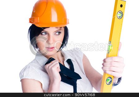 To use this stock image in your creative project, please select the size you need over to the right and click the "Add to Cart" button.
Your downloaded image will come with the Cutcaster watermark removed so don’t worry about the watermark you see on this page. Girl with level stock photo, Young female worker with protection helmet and level at isolated background by Aikon