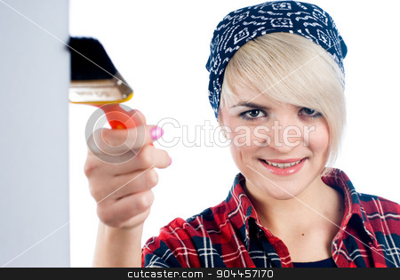 To use this stock image in your creative project, please select the size you need over to the right and click the "Add to Cart" button.
Your downloaded image will come with the Cutcaster watermark removed so don’t worry about the watermark you see on this page. Young woman with paintbrush stock photo, Charming blonde painter in a red shirt by Aikon