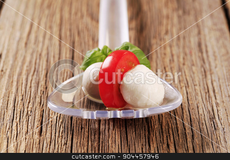 To use this stock image in your creative project, please select the size you need over to the right and click the "Add to Cart" button.
Your downloaded image will come with the Cutcaster watermark removed so don’t worry about the watermark you see on this page. Mozzarella cheese balls and tomato stock photo, Mozzarella cheese balls and tomato on a salad spoon by Digifoodstock