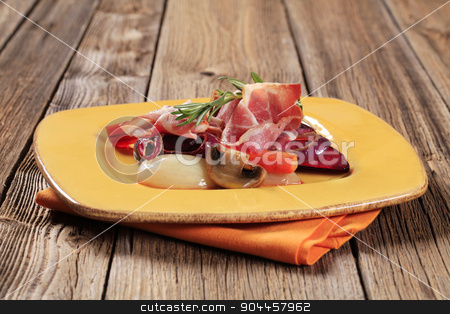 To use this stock image in your creative project, please select the size you need over to the right and click the "Add to Cart" button.
Your downloaded image will come with the Cutcaster watermark removed so don’t worry about the watermark you see on this page. Vegetables and ham stock photo, Accompaniment -Sauteed vegetables and slices of ham by Digifoodstock