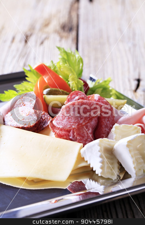 To use this stock image in your creative project, please select the size you need over to the right and click the "Add to Cart" button.
Your downloaded image will come with the Cutcaster watermark removed so don’t worry about the watermark you see on this page. Cold cuts stock photo, Variety of cheeses and deli meats on a tray by Digifoodstock