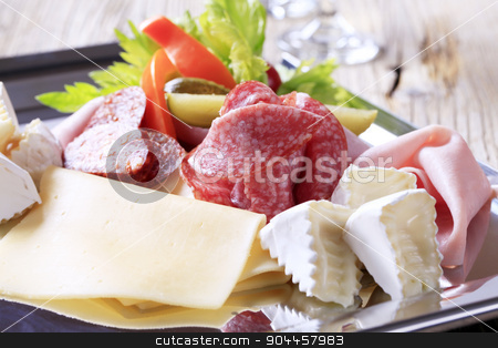 To use this stock image in your creative project, please select the size you need over to the right and click the "Add to Cart" button.
Your downloaded image will come with the Cutcaster watermark removed so don’t worry about the watermark you see on this page. Cold cuts stock photo, Variety of cheeses and deli meats on a tray by Digifoodstock