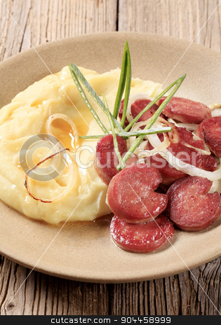 To use this stock image in your creative project, please select the size you need over to the right and click the "Add to Cart" button.
Your downloaded image will come with the Cutcaster watermark removed so don’t worry about the watermark you see on this page. Mashed potato and roasted sausage stock photo, Mashed potato and slices of roasted sausage by Digifoodstock