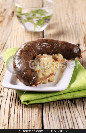 To use this stock image in your creative project, please select the size you need over to the right and click the "Add to Cart" button.
Your downloaded image will come with the Cutcaster watermark removed so don’t worry about the watermark you see on this page. Roasted sausage with barley mashed potato stock photo, Roasted sausage served with barley mashed potato by Digifoodstock