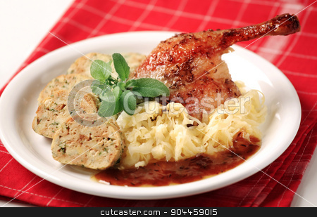 To use this stock image in your creative project, please select the size you need over to the right and click the "Add to Cart" button.
Your downloaded image will come with the Cutcaster watermark removed so don’t worry about the watermark you see on this page. Roast Duck with Cabbage and Bread Dumplings stock photo, Czech cuisine - Roast Duck Leg with Cabbage and Bread Dumplings by Digifoodstock