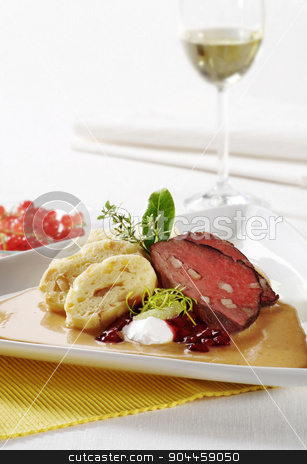 To use this stock image in your creative project, please select the size you need over to the right and click the "Add to Cart" button.
Your downloaded image will come with the Cutcaster watermark removed so don’t worry about the watermark you see on this page. Sirloin of beef with cream sauce and dumplings stock photo, Sirloin of beef with cream sauce and bread dumplings
by Digifoodstock