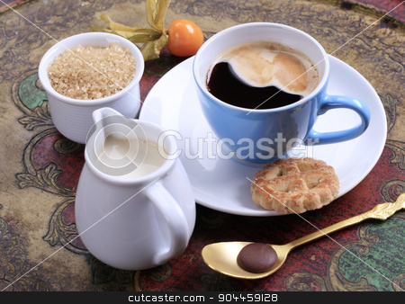 To use this stock image in your creative project, please select the size you need over to the right and click the "Add to Cart" button.
Your downloaded image will come with the Cutcaster watermark removed so don’t worry about the watermark you see on this page. Coffee time stock photo, Cup of coffee, jug of cream and bowl of brown sugar by Digifoodstock