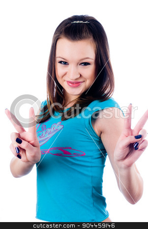 To use this stock image in your creative project, please select the size you need over to the right and click the "Add to Cart" button.
Your downloaded image will come with the Cutcaster watermark removed so don’t worry about the watermark you see on this page. Pretty girl with victory sign stock photo, Young attractive woman showing victory sign isolated on white by Aikon