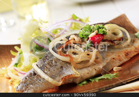 To use this stock image in your creative project, please select the size you need over to the right and click the "Add to Cart" button.
Your downloaded image will come with the Cutcaster watermark removed so don’t worry about the watermark you see on this page. Pan-roasted trout and green salad stock photo, Pan-roasted trout fillet served with green salad by Digifoodstock