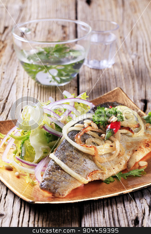To use this stock image in your creative project, please select the size you need over to the right and click the "Add to Cart" button.
Your downloaded image will come with the Cutcaster watermark removed so don’t worry about the watermark you see on this page. Pan fried trout and green salad stock photo, Pan fried trout fillet and green salad by Digifoodstock