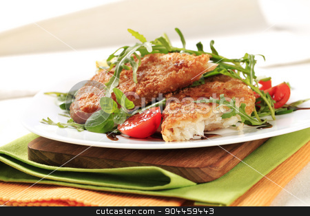 To use this stock image in your creative project, please select the size you need over to the right and click the "Add to Cart" button.
Your downloaded image will come with the Cutcaster watermark removed so don’t worry about the watermark you see on this page. Fried fish and fresh salad stock photo, Fried fish on a bed of fresh salad by Digifoodstock