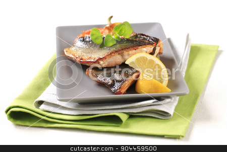 To use this stock image in your creative project, please select the size you need over to the right and click the "Add to Cart" button.
Your downloaded image will come with the Cutcaster watermark removed so don’t worry about the watermark you see on this page. Pan fried trout fillets stock photo, Pan fried trout fillets and vegetable garnish by Digifoodstock