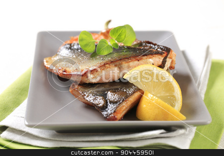 To use this stock image in your creative project, please select the size you need over to the right and click the "Add to Cart" button.
Your downloaded image will come with the Cutcaster watermark removed so don’t worry about the watermark you see on this page. Pan fried fish fillets stock photo, Pan fried fish fillets and vegetable garnish by Digifoodstock