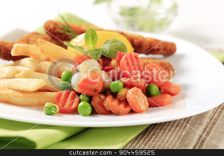 To use this stock image in your creative project, please select the size you need over to the right and click the "Add to Cart" button.
Your downloaded image will come with the Cutcaster watermark removed so don’t worry about the watermark you see on this page. Mixed vegetables and French fries stock photo, Side dish of mixed vegetables and French fries by Digifoodstock