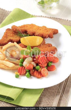 To use this stock image in your creative project, please select the size you need over to the right and click the "Add to Cart" button.
Your downloaded image will come with the Cutcaster watermark removed so don’t worry about the watermark you see on this page. Fried fish and French fries stock photo, Fried fish served with French fries and mixed vegetables by Digifoodstock