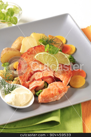 To use this stock image in your creative project, please select the size you need over to the right and click the "Add to Cart" button.
Your downloaded image will come with the Cutcaster watermark removed so don’t worry about the watermark you see on this page. Seared salmon patty with vegetables stock photo, Pan fried salmon with potatoes and mixed vegetables by Digifoodstock