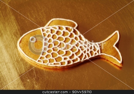 To use this stock image in your creative project, please select the size you need over to the right and click the "Add to Cart" button.
Your downloaded image will come with the Cutcaster watermark removed so don’t worry about the watermark you see on this page. Gingerbread fish stock photo, Closeup of gingerbread fish on a golden plate by Digifoodstock